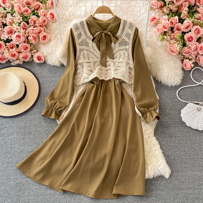 Robe coréenne à manches longues et taille fine avec nœud 2862