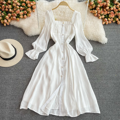 Robe taille haute à manches en mousse slim et col carré 3354