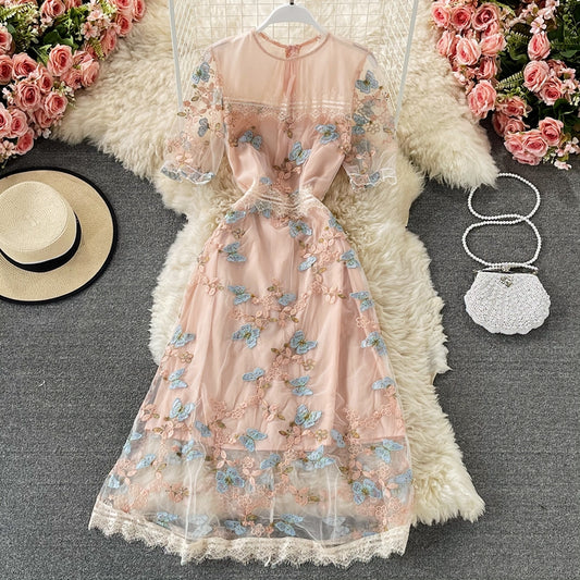 Mesh embroidery butterfly round neck short sleeve waist closing slim dress  2968