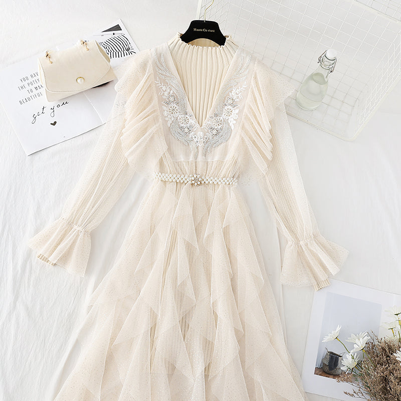 Embroidered mesh two-piece set light mature and slim knit dress  2226