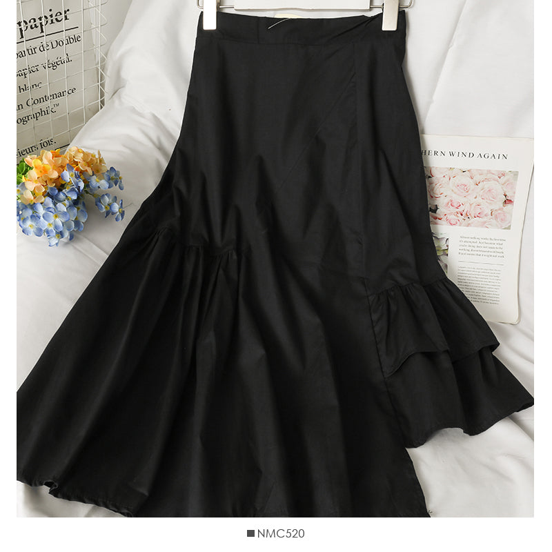 Korean irregular stitching versatile solid medium length A-line skirt  2610