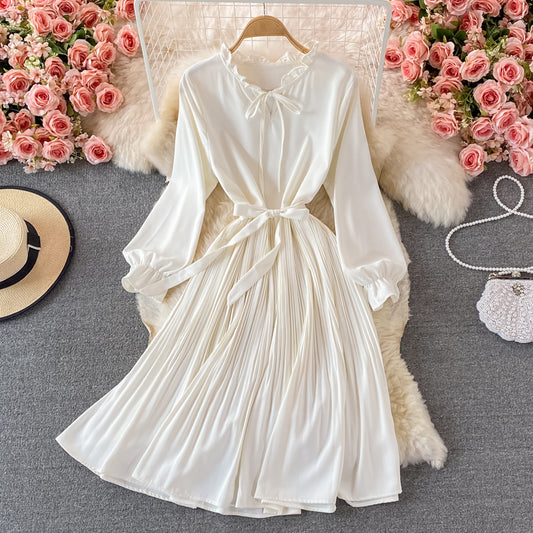 Light mature wind waist slim stand collar Pleated Dress  3242