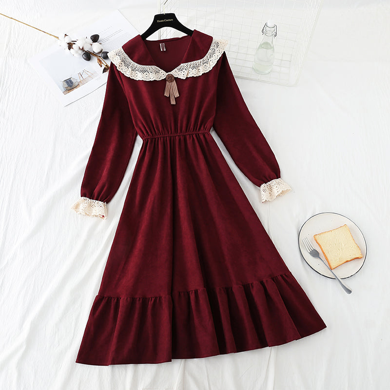 Female doll collar red corduroy dress  2180