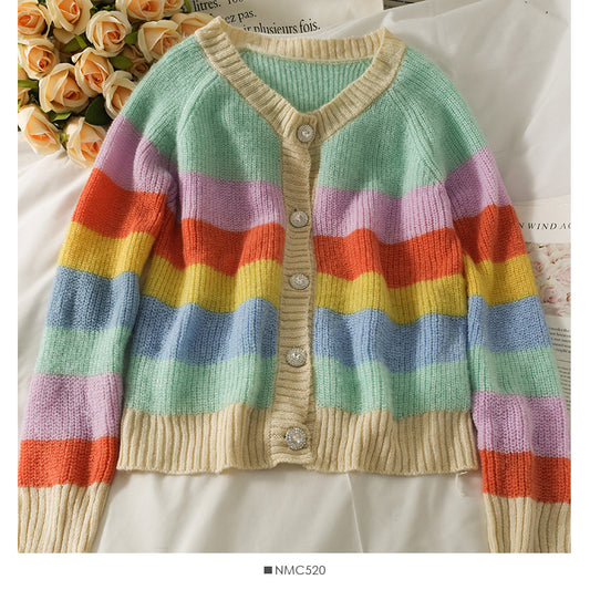 Cardigan simple boutonnage à rayures colorées élégant, pull à manches longues 1991