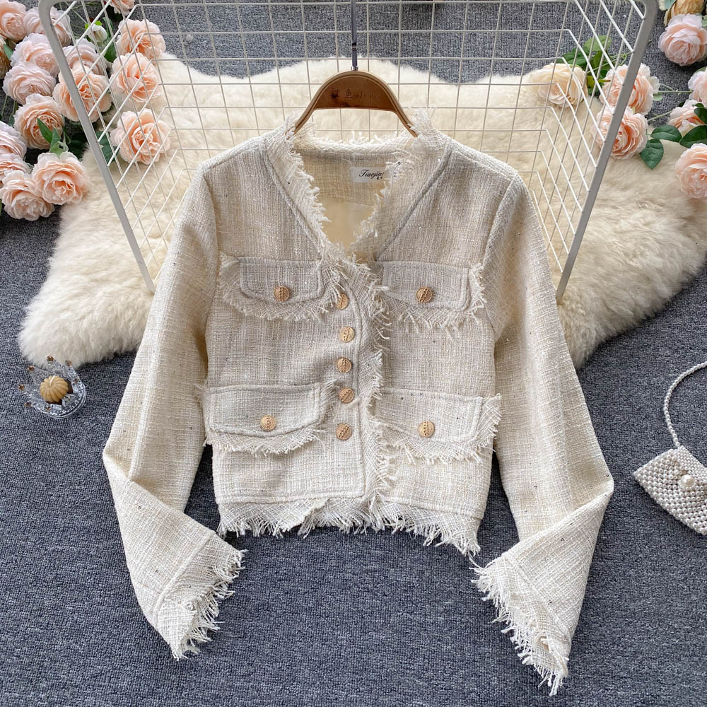 Vintage small fragrance tweed coat V-neck coat  1556