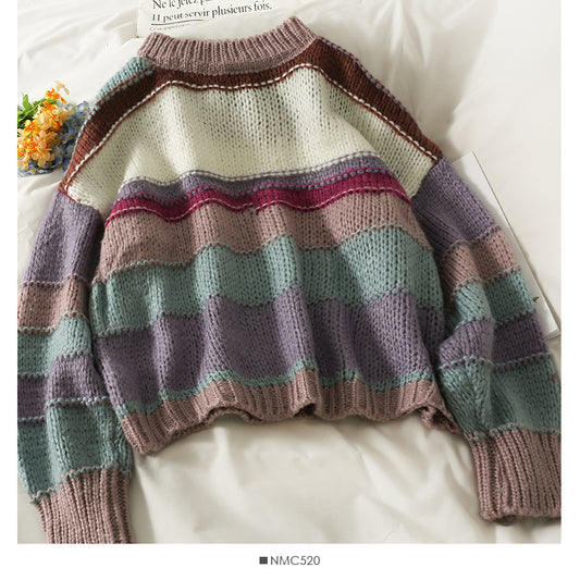 Pull à manches longues et col rond à rayures contrastées de couleur élégante pour femme 2071
