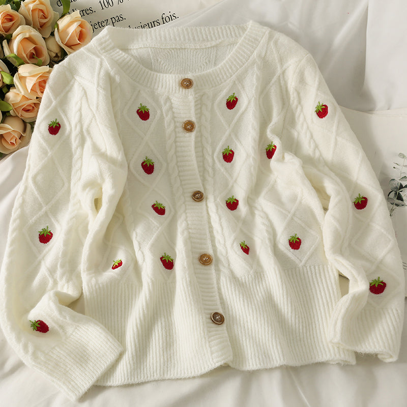 Pull cardigan brodé fraise vent doux femme 1719