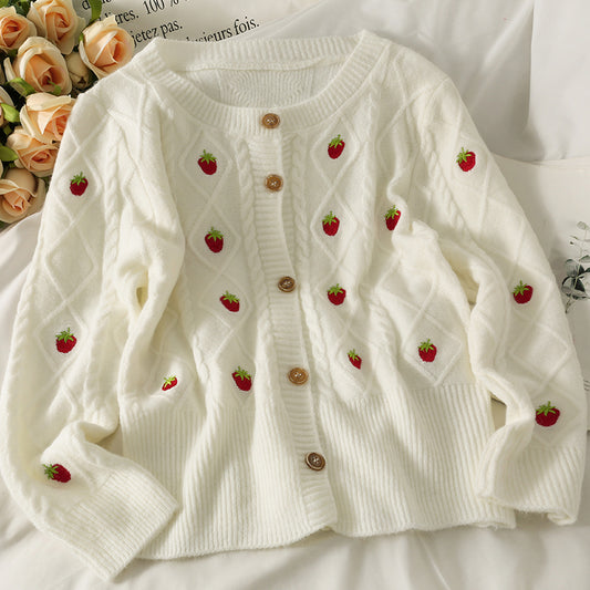 Pull cardigan brodé fraise vent doux femme 1719