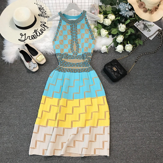 Geometric lattice Halter sleeveless vest suspender knitted dress  2795