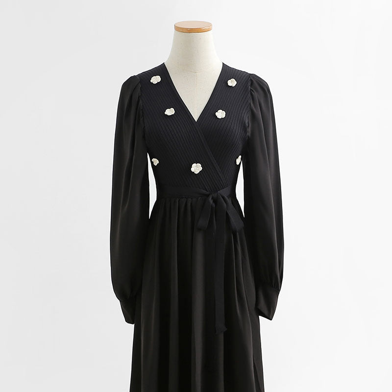 Gentle wind over the knee aging temperament thin embroidered wool dress  2231