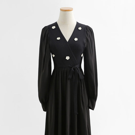 Gentle wind over the knee aging temperament thin embroidered wool dress  2231