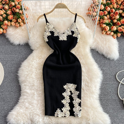 French retro Flower Embroidered backless knitted buttock dress  2782