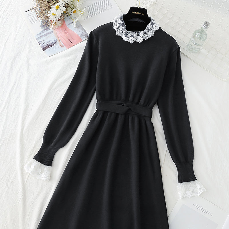 Lace stitched knit dress half high neck slim long sleeve  2404