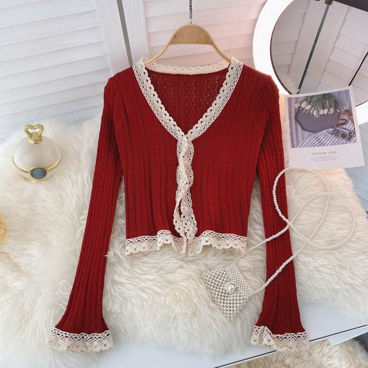 Haut tricoté vintage pour femme, col en V, dentelle, automne 1595