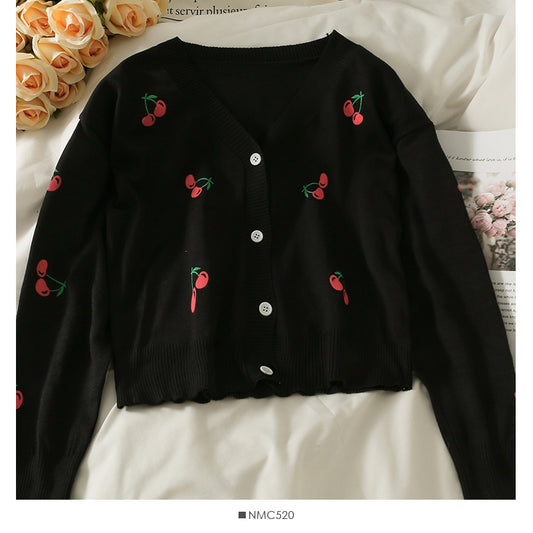 Petit cardigan slim à col en V et imprimé cerises fraîches 1826
