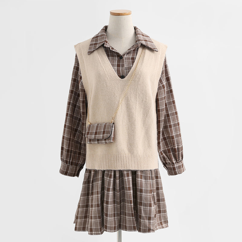 New vest LONG SLEEVE DRESS Plaid age reduction fashion two-piece suit skirt  2176