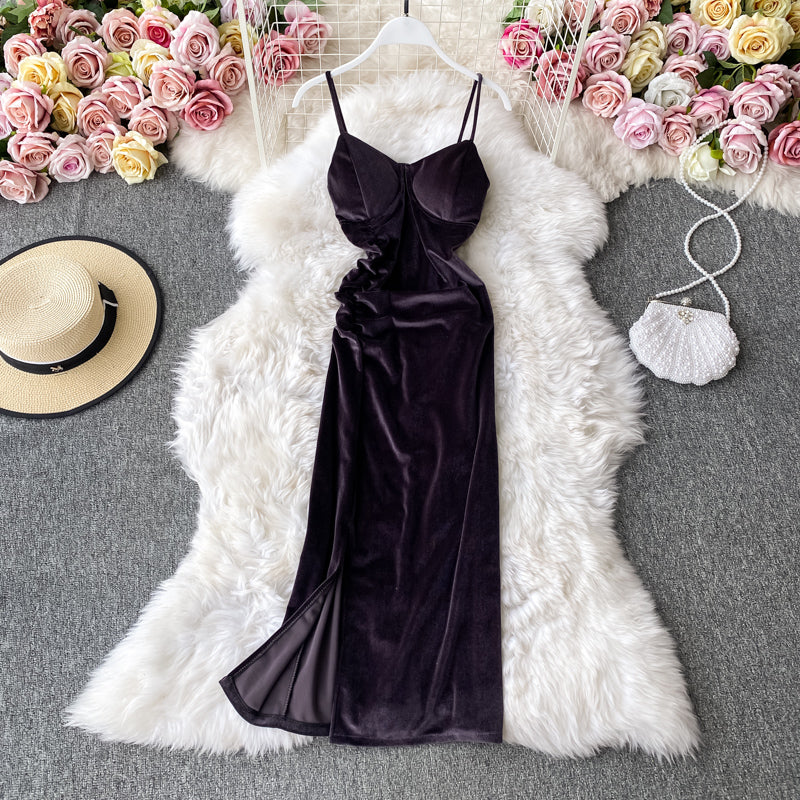 Robe en velours Hepburn vintage fendue Robe à bretelles sans bretelles 3142