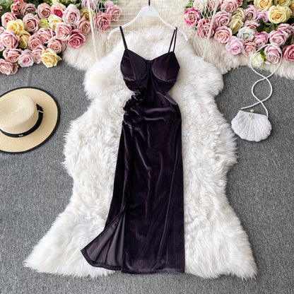 Robe en velours Hepburn vintage fendue Robe à bretelles sans bretelles 3142