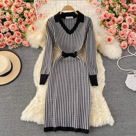 Small fragrance celebrity temperament medium long knitted sweater dress  3108