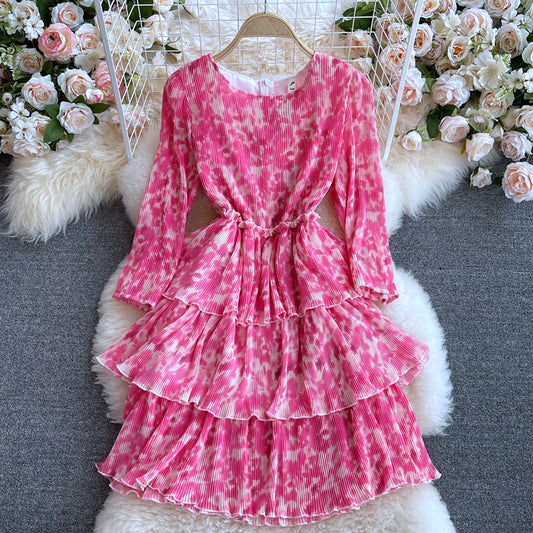 Round neck halo dyed pink Ruffle cake dress  3112