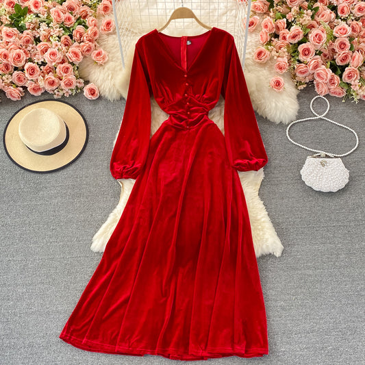 Robe en velours slim taille haute à col en V 3089