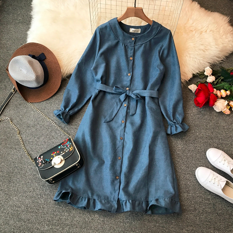 Robe à lacets à volants et taille haute à col rond 3398