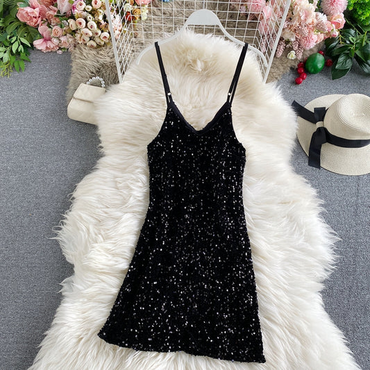 Sequin slim sexy hip strap dress  2849
