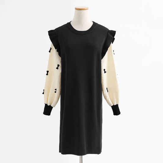 Loose and slim long sleeved wool dress over knee knitted skirt bottomed long skirt  2445