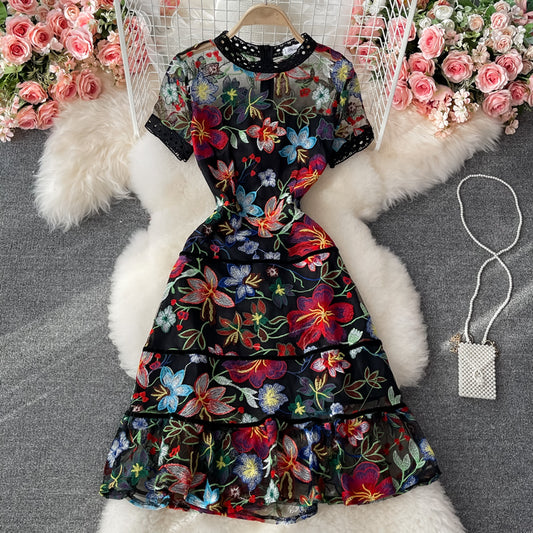 Mesh embroidered hollow out Decor Ruffle waist dress  3060