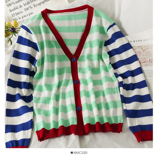 T-shirt à col en V simple boutonnage à rayures et coutures contrastées pour femme 2029