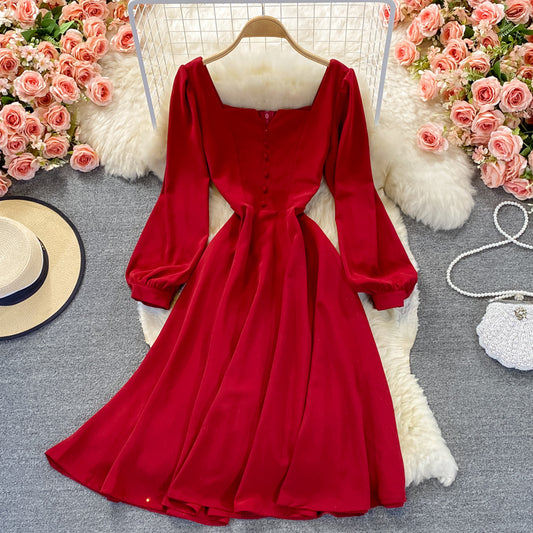 Style retro temperament medium long high waist slim dress  3103