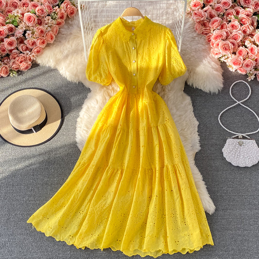 Elegant bubble sleeve long skirt with large hem  3065
