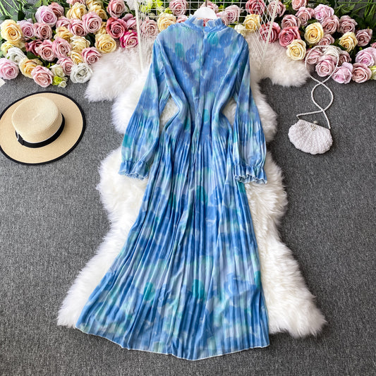 Loose white tie dyed ink print Pleated Chiffon Dress  2950