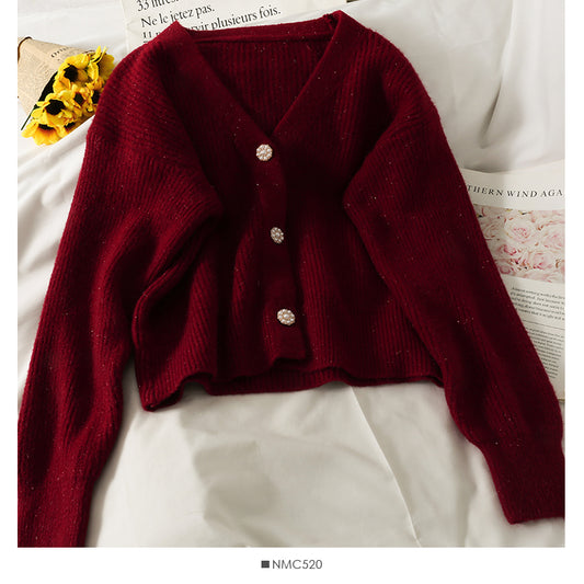 Pull cardigan simple boutonnage ample et fin à trois boutons de Han Fan 1784