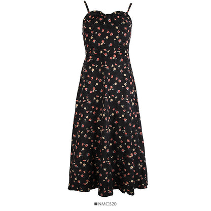 Sweet wind printed pleated high waist thin medium length dress  2707