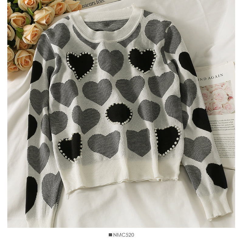 Pull imprimé coeur perle clou vent doux pour femme 1839