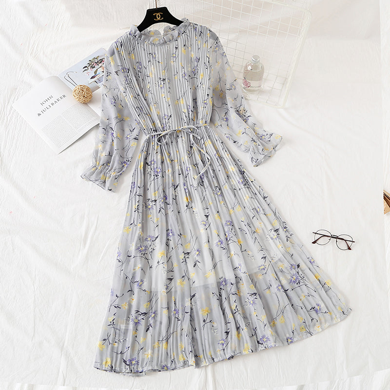 Long sleeved Pleated Chiffon Skirt loose and thin, retro knee length skirt  2346