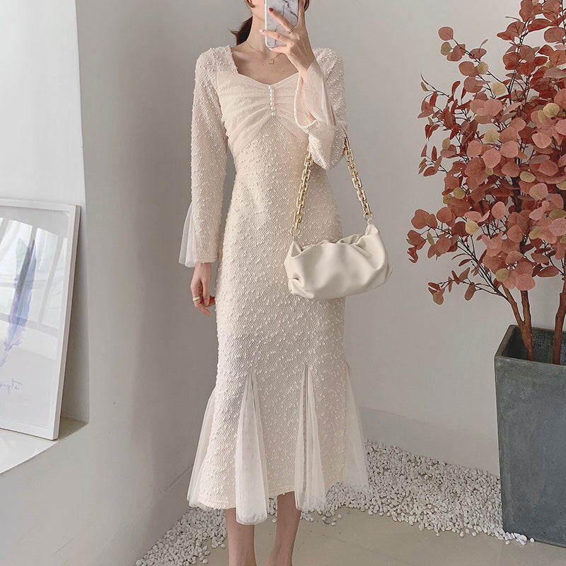 New women's dress with waist closed to show thin temperament French mesh super fairy fishtail  2130