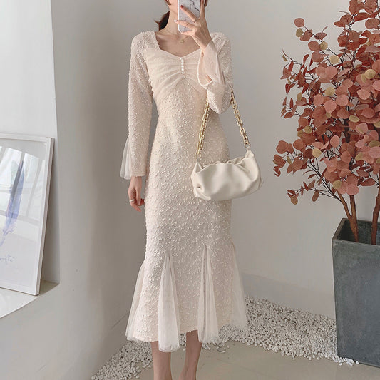 New women's dress with waist closed to show thin temperament French mesh super fairy fishtail  2130