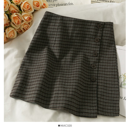 Hong Kong style retro breasted high waist thin wool versatile skirt  2593
