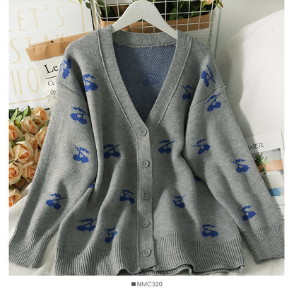 Pull mi-long à col bas imprimé cerises pour femme 2041