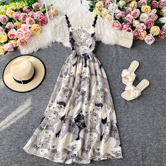 Slim waist sexy backless printed suspender dress  3404