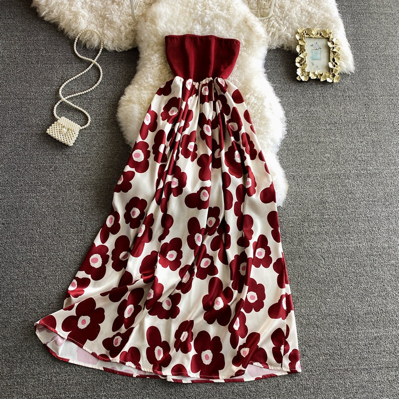 Vintage printed Strapless skirt with slim waist dress  2830