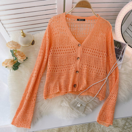 Cardigan tricoté vintage au crochet avec découpes et manches longues 1586