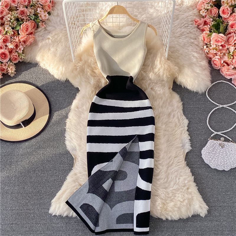 Sweet knit bag hip split dress sleeveless  2751