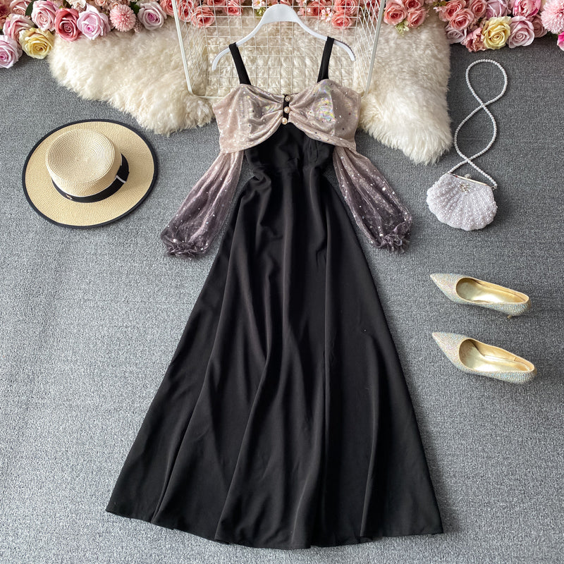 Sexy suspender French off shoulder swing dress  3412
