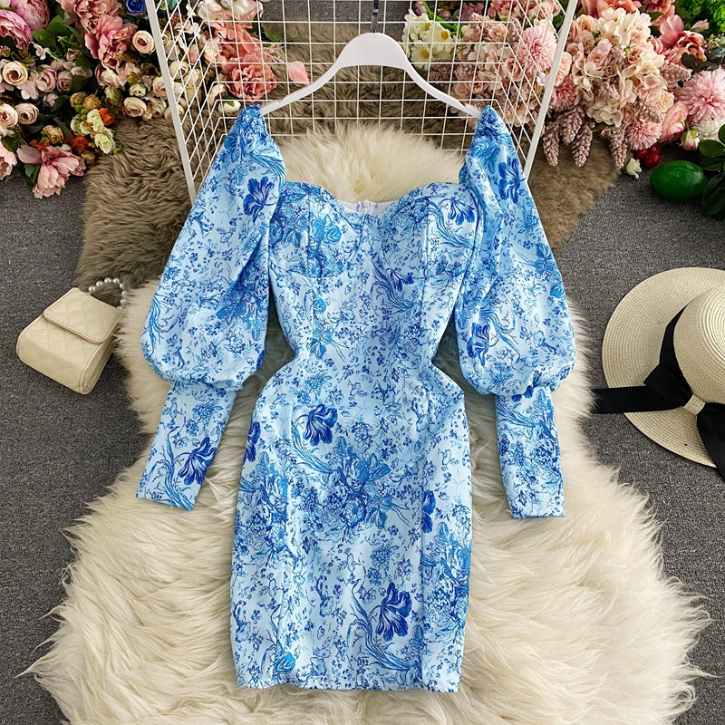 Blue and white porcelain printed square neck sexy Lantern Sleeve Dress  2813