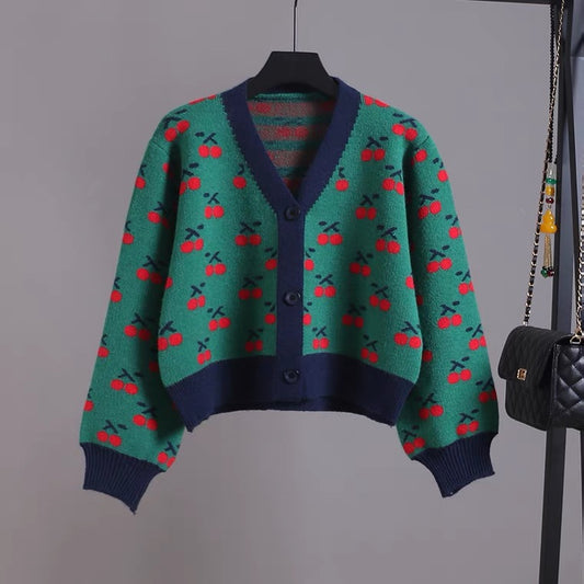 Veste courte en maille col V, cardigan jacquard cerise 1405 
