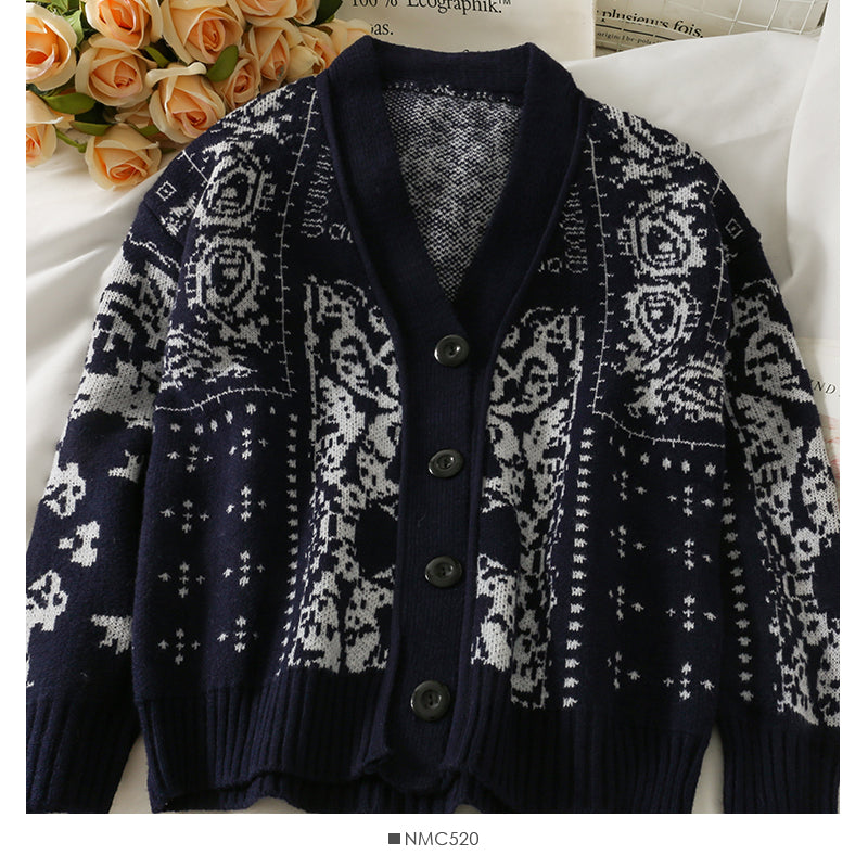 Cardigan à simple boutonnage imprimé vintage pull ample pour femme nouveau pull polyvalent à manches longues et col en V mode 2031