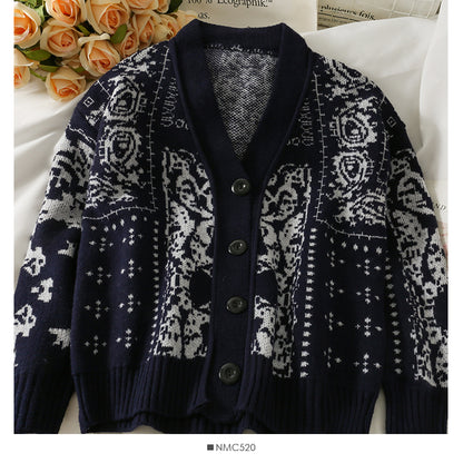 Cardigan à simple boutonnage imprimé vintage pull ample pour femme nouveau pull polyvalent à manches longues et col en V mode 2031